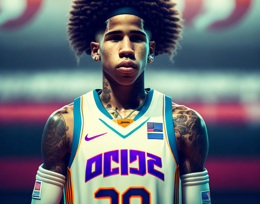 Young man with afro, ear piercings, tattoos in basketball jersey with number 20