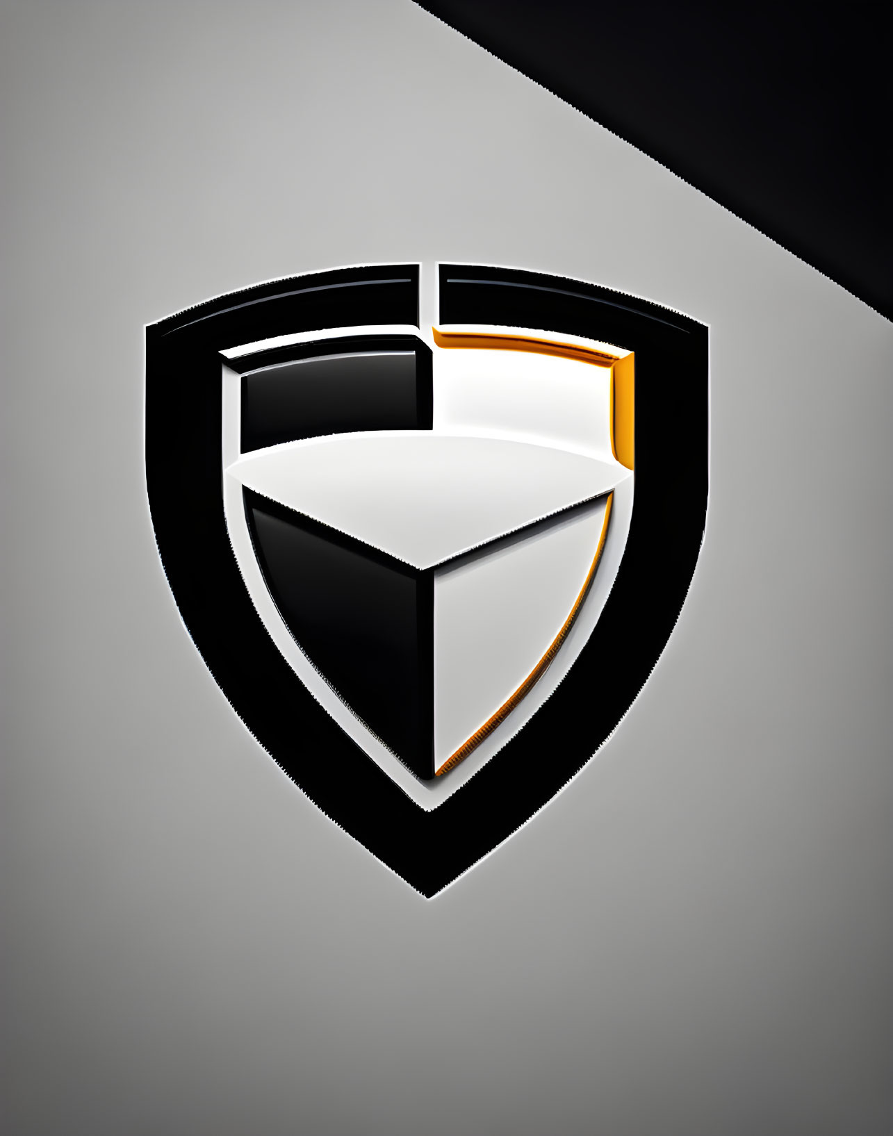 Stylized shield emblem with black and white design and orange line on split background