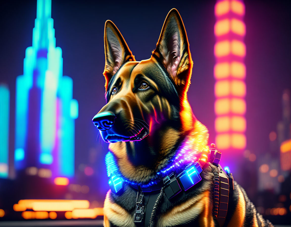 German Shepherd Dog with Futuristic Collar in Neon Cityscape