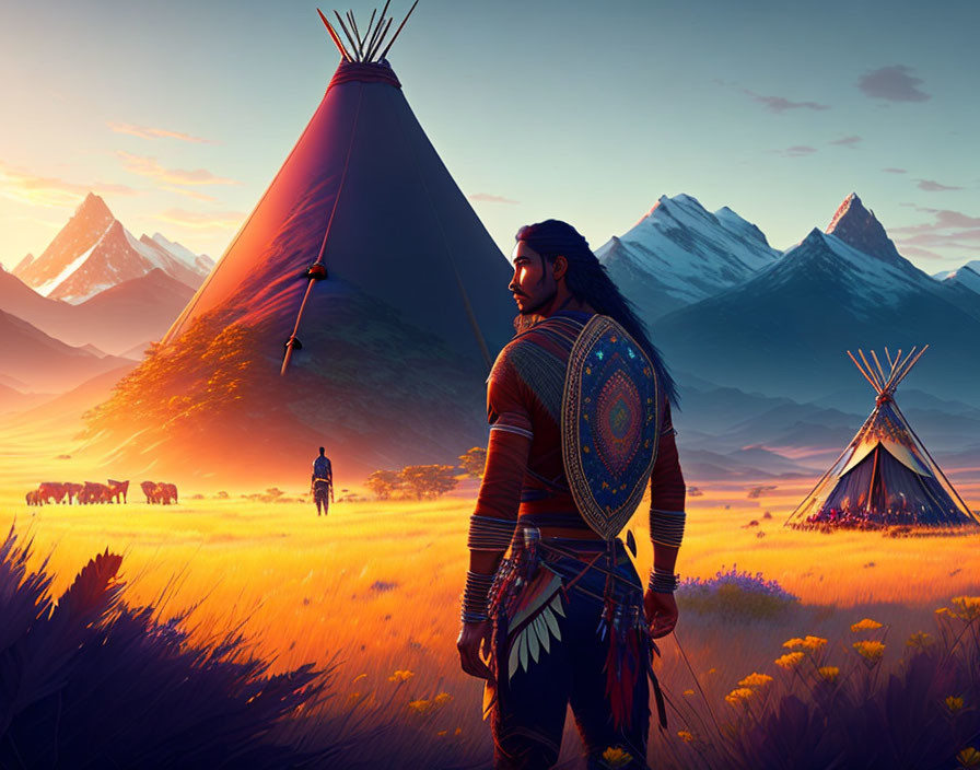 Native American man in traditional attire near teepee with mountains, bison, and flowers.