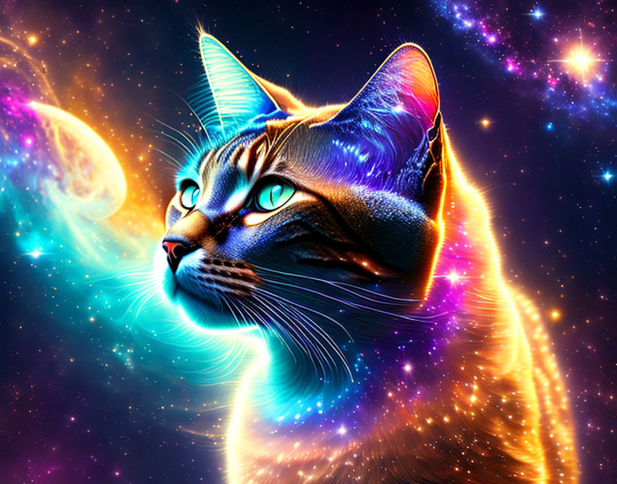 Cosmic-themed digital artwork: Cat's head merges with starry space background