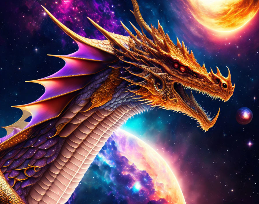 Colorful Dragon Artwork with Cosmic Background and Detailed Scales