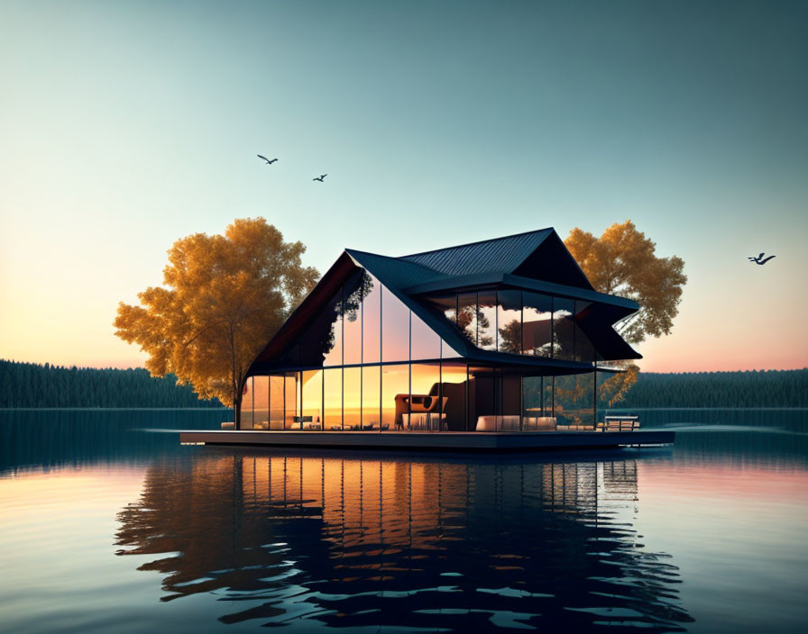 Glass House by Calm Lake: Sunset Reflections, Trees, Birds