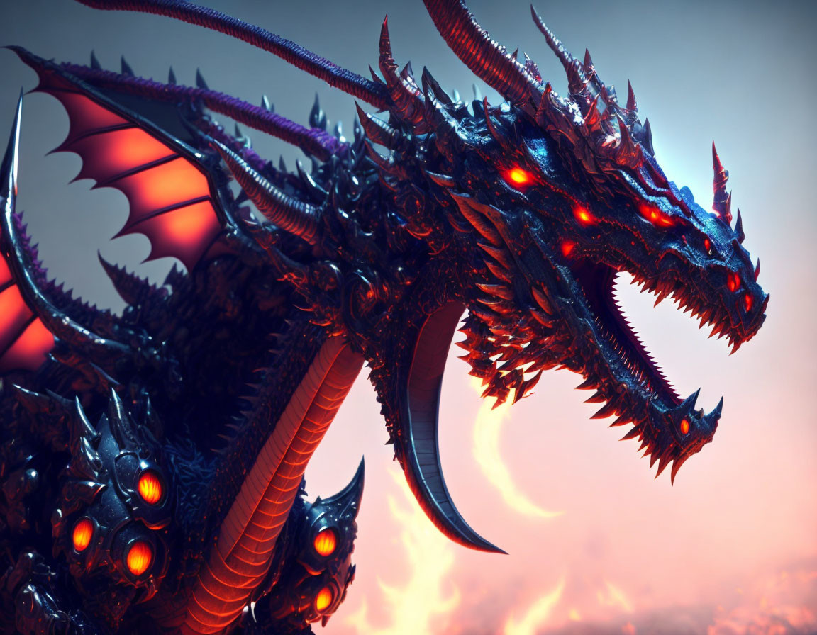 Ferocious dragon with red eyes and sharp horns in twilight sky