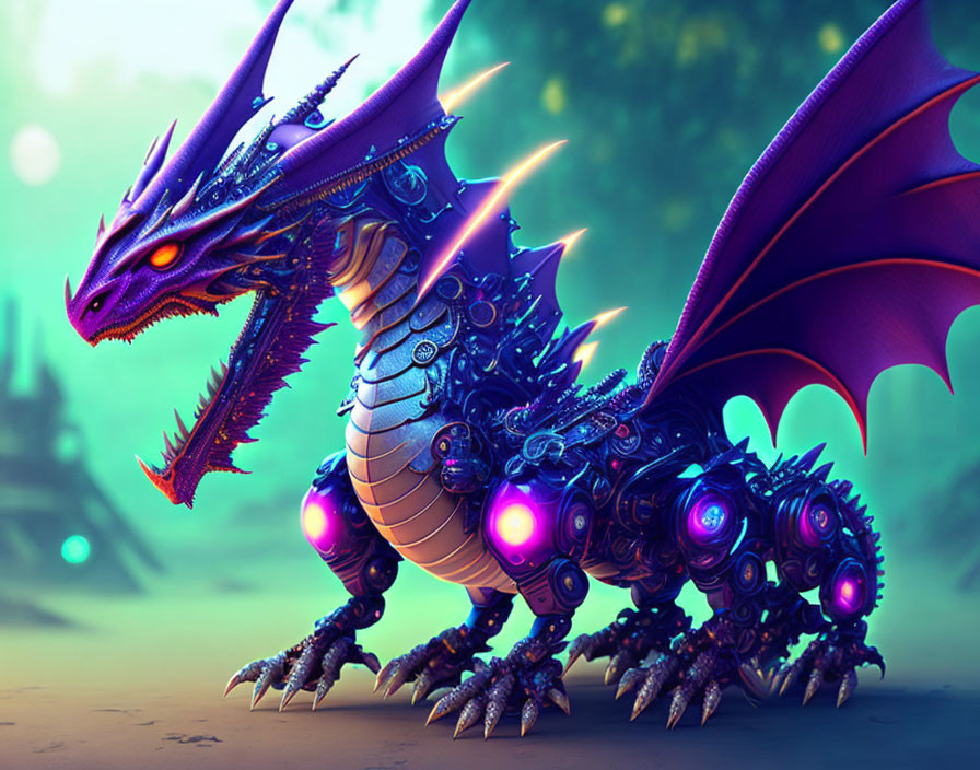 Mechanical dragon with purple wings and glowing orbs in mystical forest.