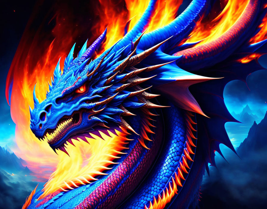 Blue dragon breathing orange flames in front of dark, pointed mountains