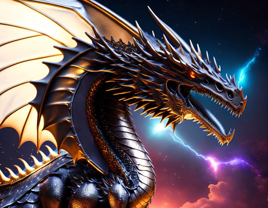 Majestic dragon with scales and large wings in starry sky with lightning