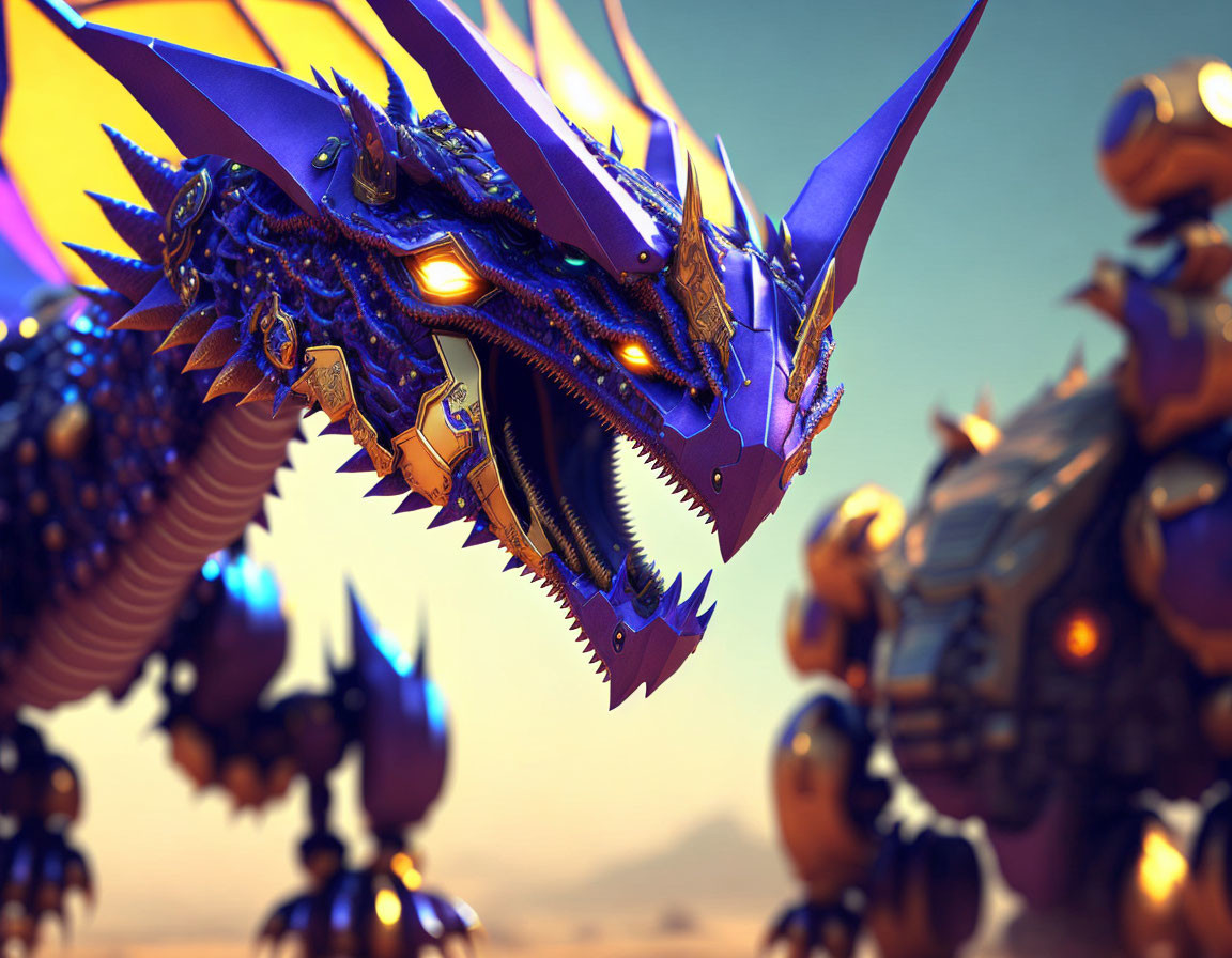 Detailed 3D mechanical dragon illustration with blue and purple armor in desert setting