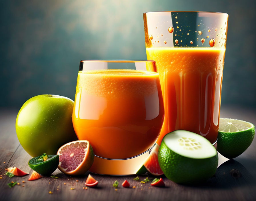 Colorful fruit composition on dark background with glass of orange juice