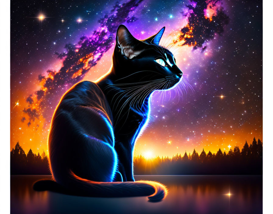 Silhouetted cat on cosmic background with stars and surreal sunset.