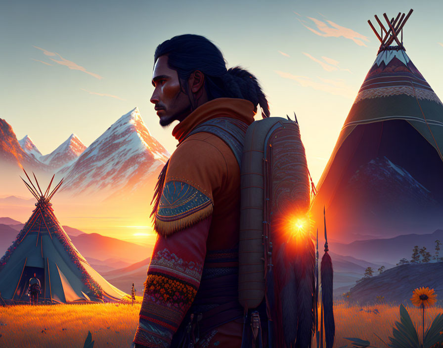 Native American man in traditional attire at sunrise with teepees and mountains.