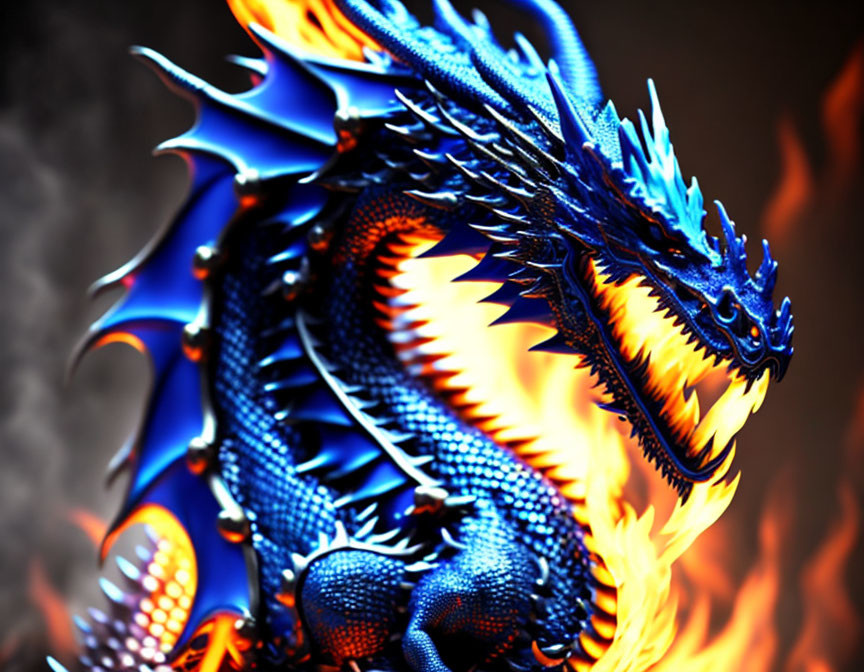 Blue dragon digital artwork with intricate scales and horns in front of roaring orange flames