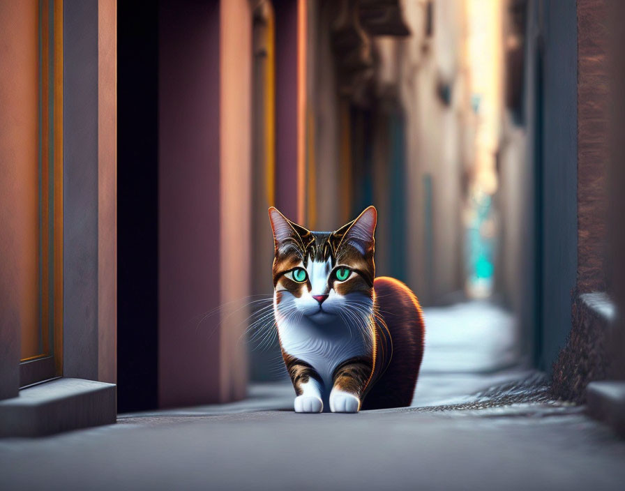 Tabby Cat with Green Eyes on Cobblestone Street by Warm-Colored Buildings