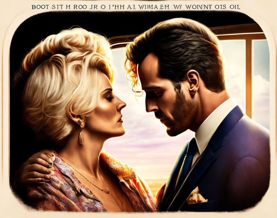 Intense gaze between man in suit and woman with blonde updo in stylized illustration