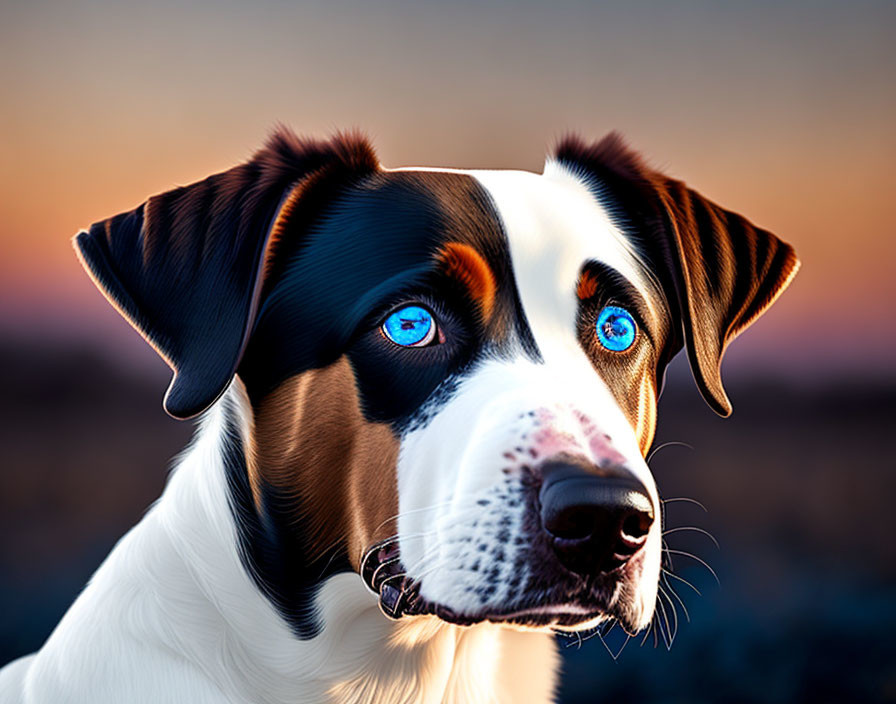 Black and White Dog with Blue Eyes in Sunset Background