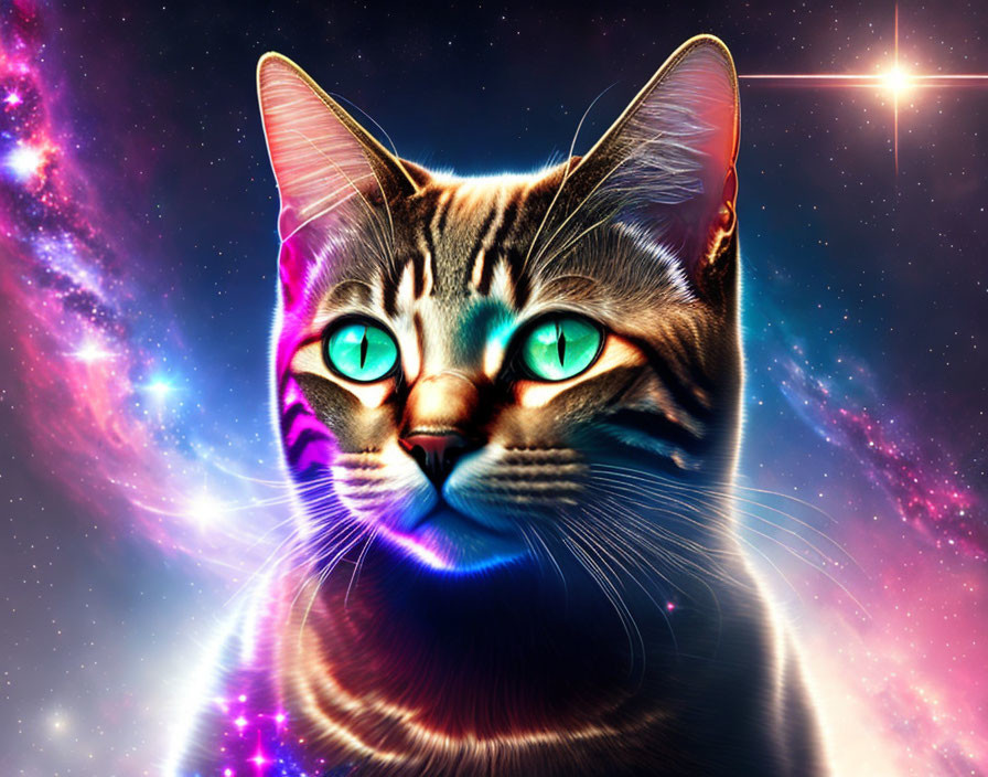 Cat Digital Art: Green-Eyed Feline in Cosmic Setting