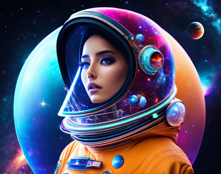 Colorful digital artwork: Woman in futuristic space helmet, cosmic backdrop, planets, stars