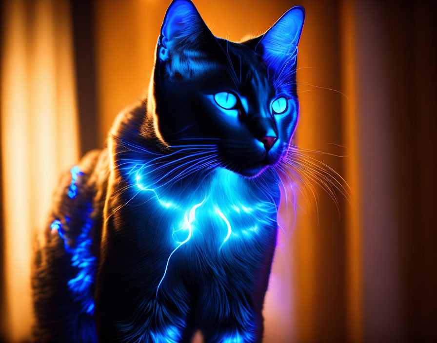 Digitally altered black cat with blue eyes and lightning effects on orange backdrop