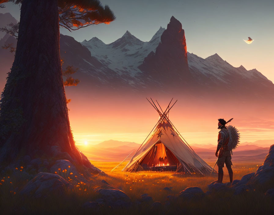 Indigenous person in traditional attire near glowing tepee at sunset