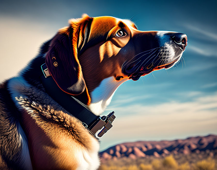 Beagle with key pendant against blue skies and mountains