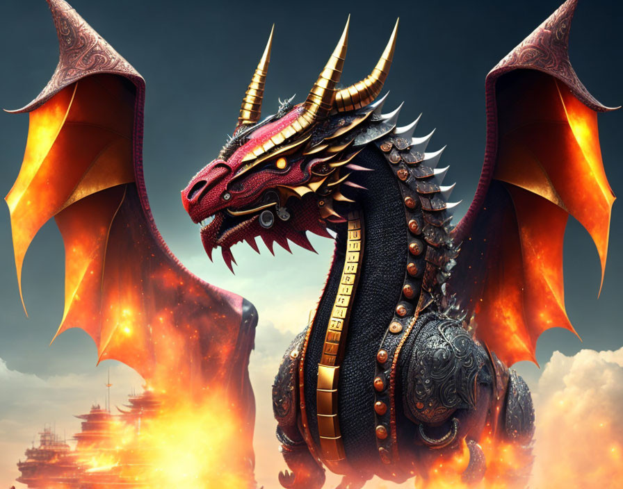 Intricate dragon with golden horns in fiery sky with warships