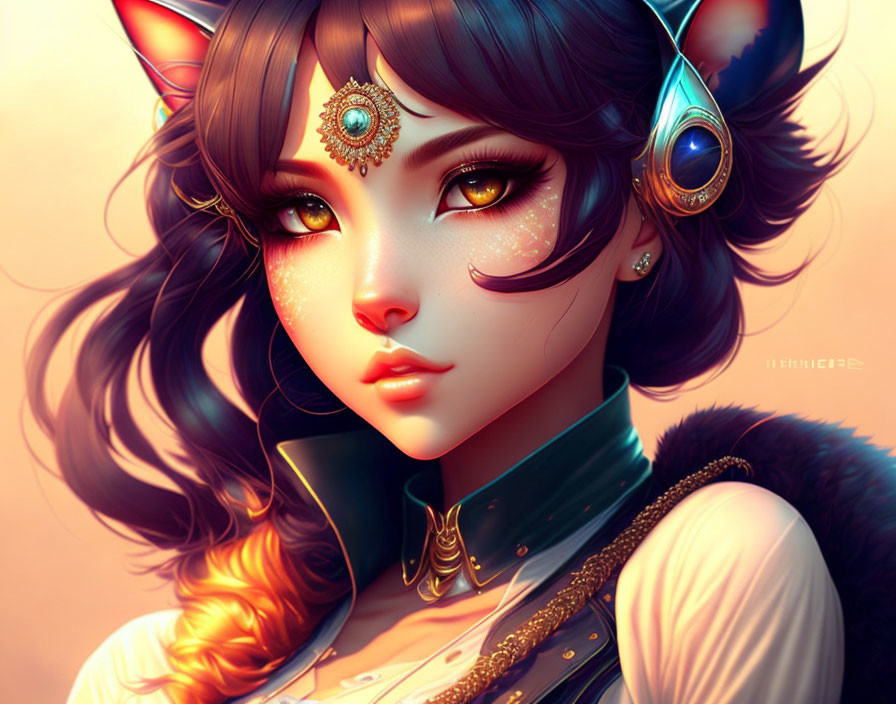 Fantasy female character with blue hair, cat ears, golden headphones, and intricate jewelry