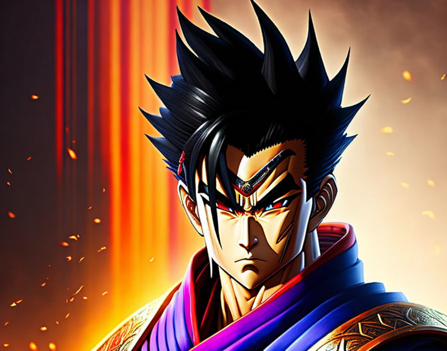 Spiky Black-Haired Animated Character in Blue & Red Armor on Fiery Background