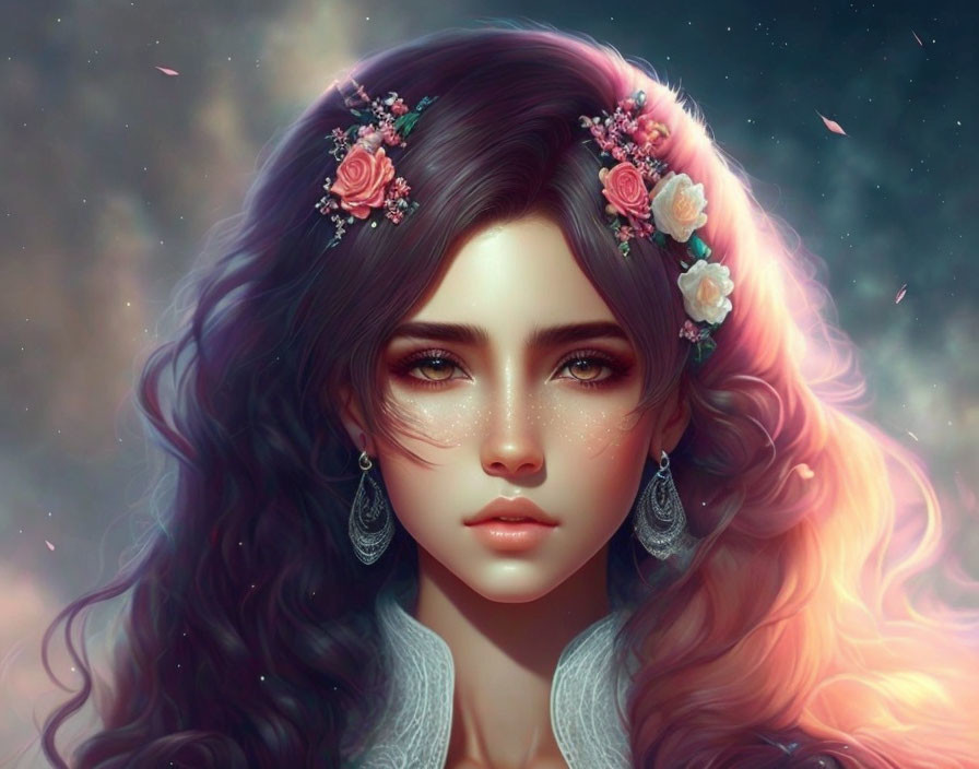 Woman with flowing hair and floral headpiece in digital artwork