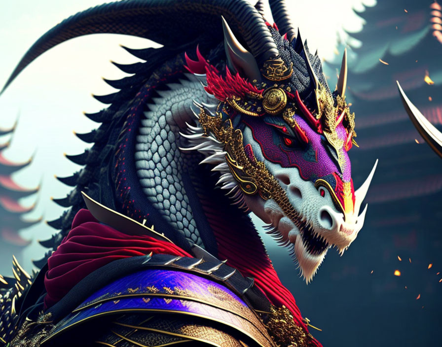 Detailed Majestic Dragon Illustration with Ornate Armor in Asian-inspired Setting