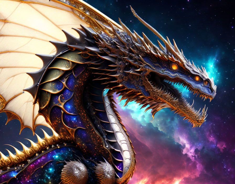 Majestic dragon with intricate scales and large wings in cosmic setting