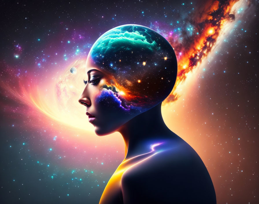 Woman's profile with cosmic galaxy as brain symbolizes deep contemplation