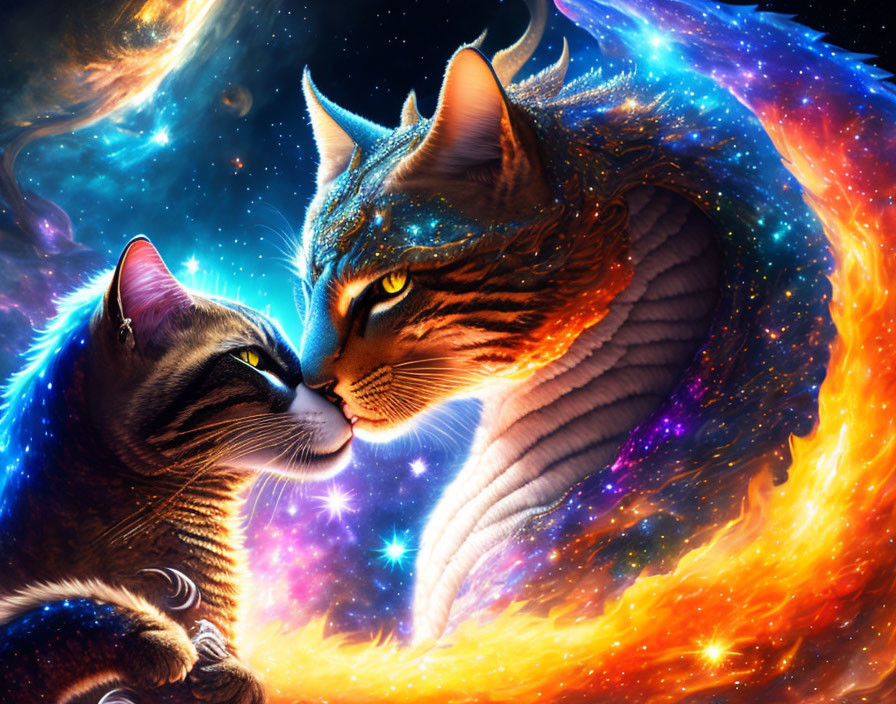 Cosmic fur cats nuzzling in vibrant star-filled nebula