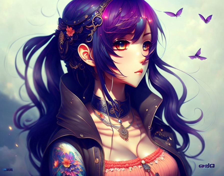 Anime-style Female Character with Purple Hair and Butterflies