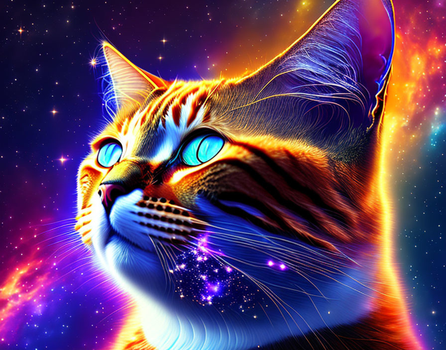 Colorful Digital Artwork: Cat with Blue Eyes in Cosmic Setting