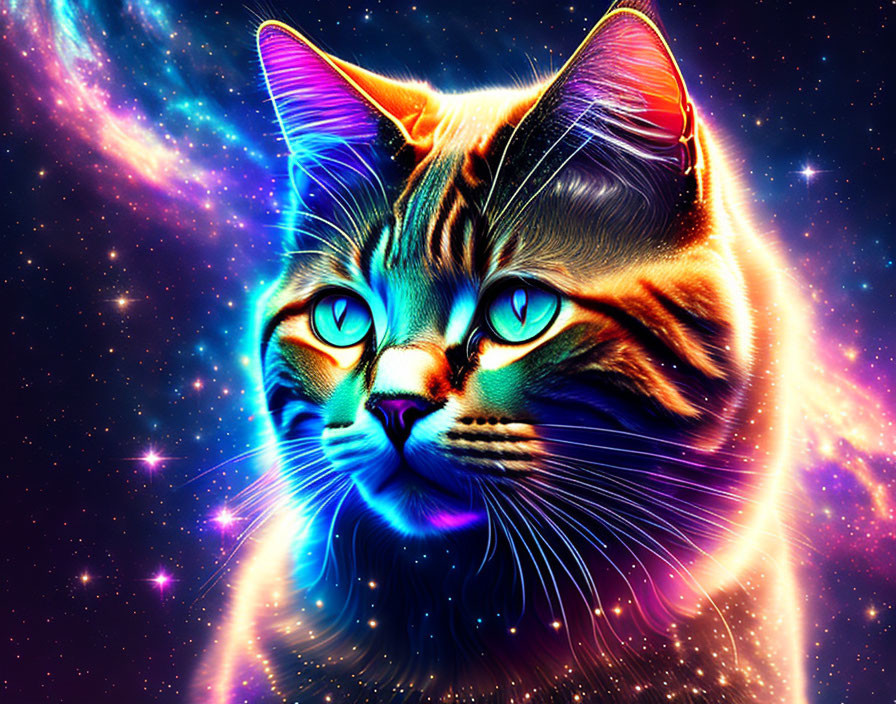 Colorful Cosmic-Themed Cat Illustration with Blue Eyes