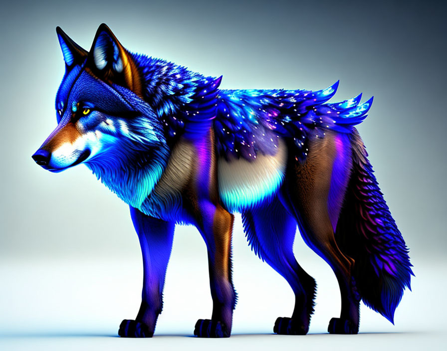 Stylized wolf with vibrant blue feathers in fur.