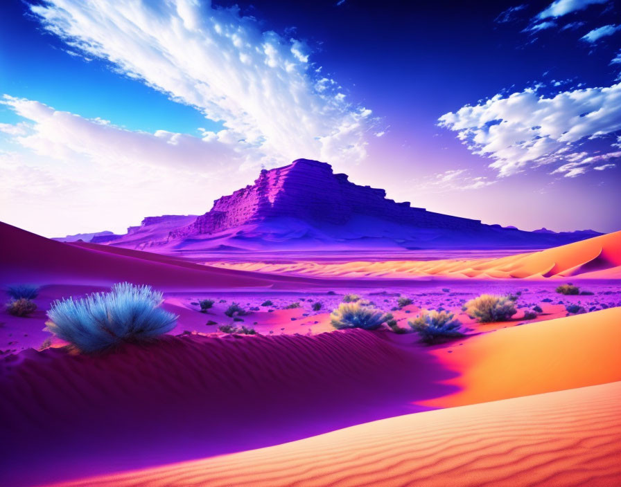 Desert landscape at dusk: purple skies, sandstone formation, dunes, shrubs