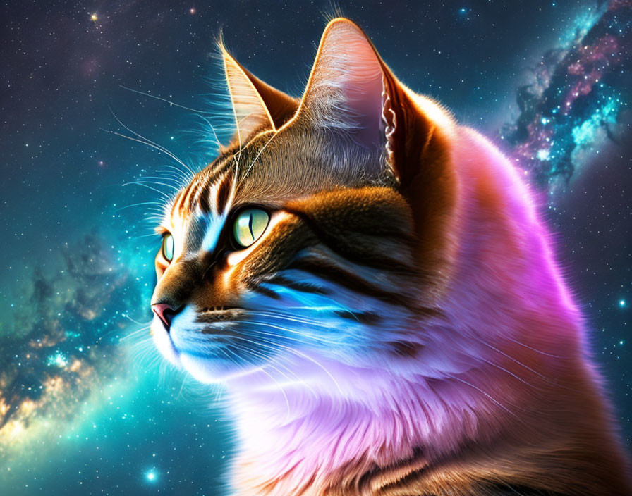 Colorful Cat Artwork with Cosmic Starry Background