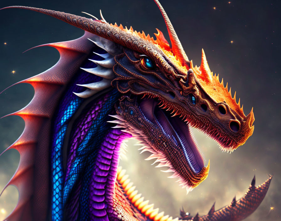 Colorful Dragon with Orange and Purple Scales on Starry Background