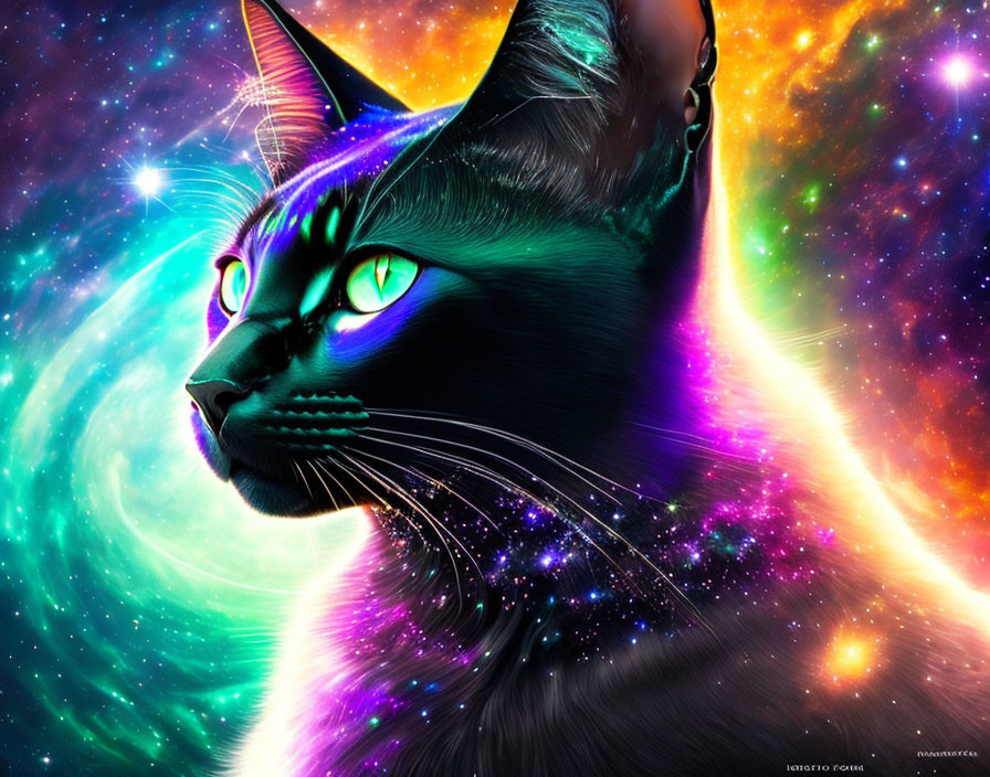 Vibrant Black Cat Digital Artwork with Cosmic Neon Background