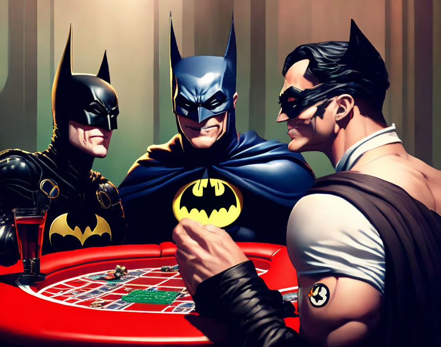 Three individuals in various Batman costumes playing poker with serious expressions