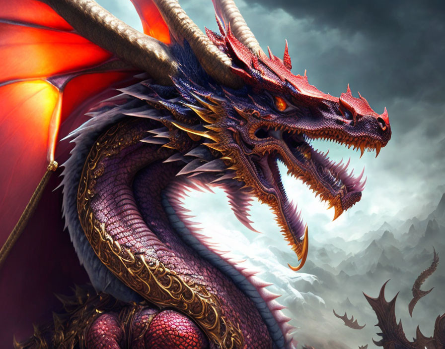 Detailed Red and Purple Dragon Artwork with Spread Wings and Stormy Sky Backdrop