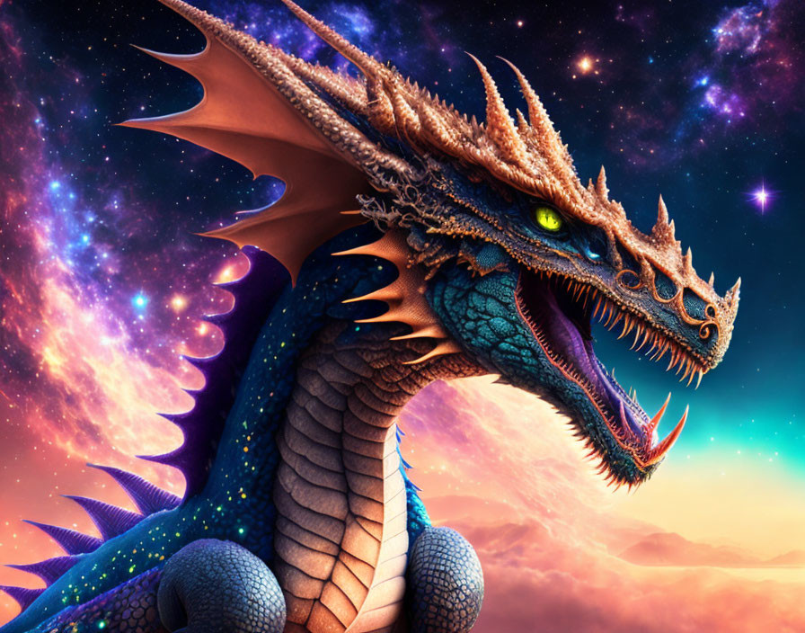 Blue-Scaled Dragon with Green Eyes in Cosmic Setting