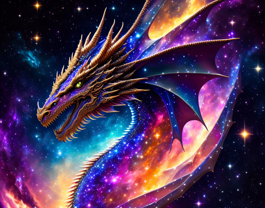 Majestic cosmic dragon with iridescent scales in vibrant galaxy.