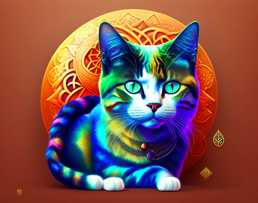 Colorful Cat with Green Eyes on Mandala-like Background