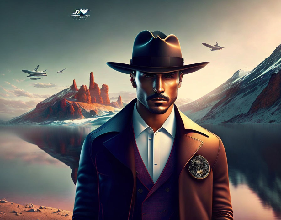 Man in fedora and suit with planes over scenic landscape, digital art.