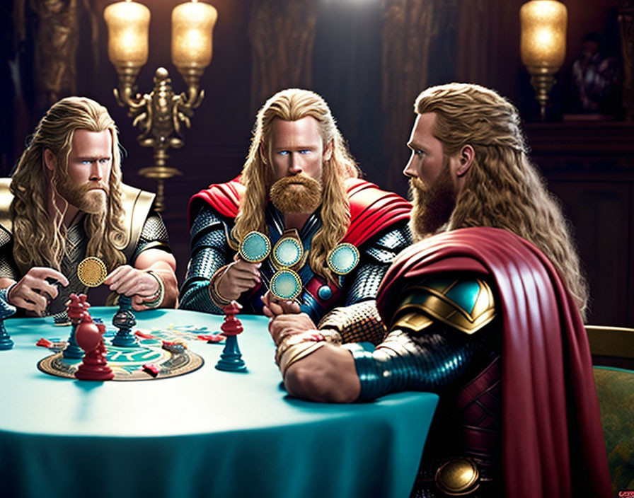 Three regally dressed men with long blonde hair and beards playing a board game in a luxurious setting