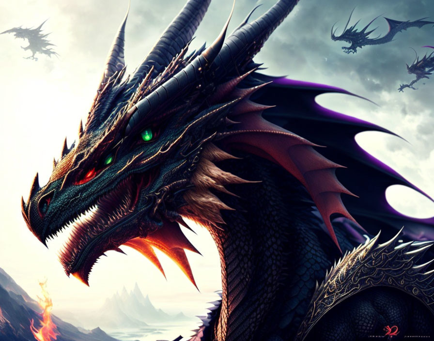 Green-eyed dragon with sharp horns surrounded by smaller dragons in dramatic sky