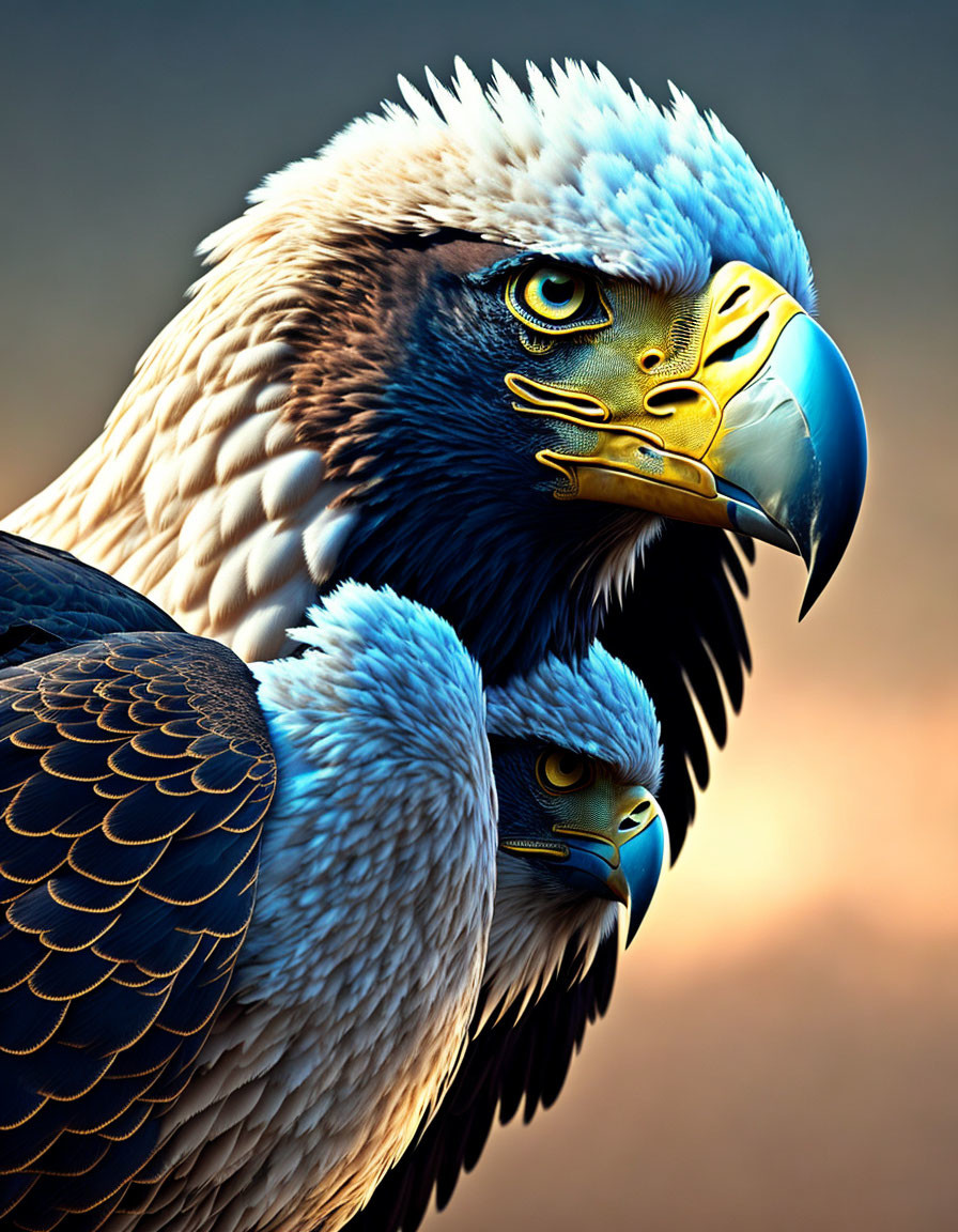 Detailed Close-Up Digital Artwork: Majestic Eagles with Intense Gaze