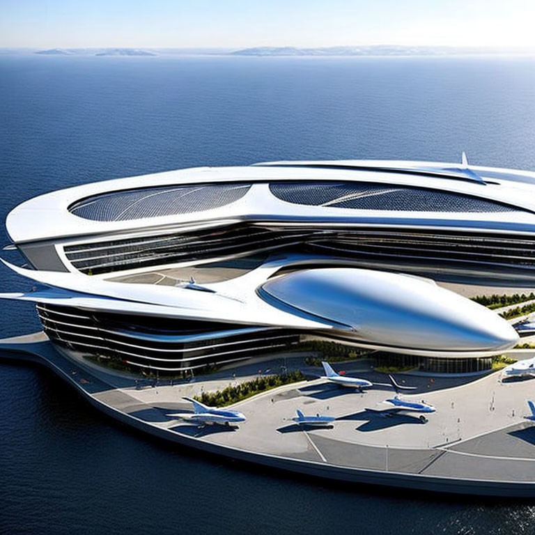 Modern multi-level structure with rooftop helipad and water views.